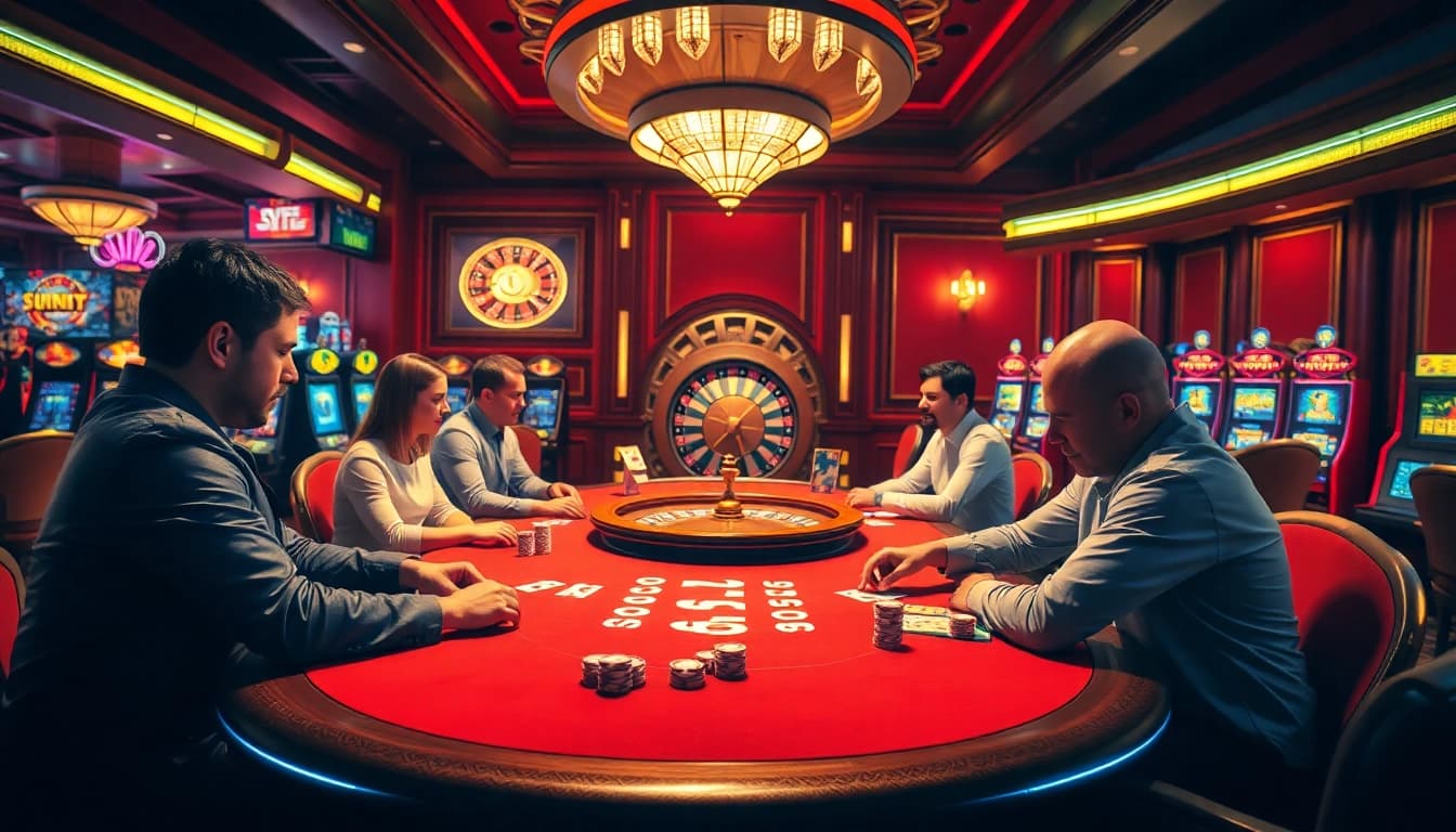 Players enjoying a high-stakes game at Sunwin's luxurious casino table.
