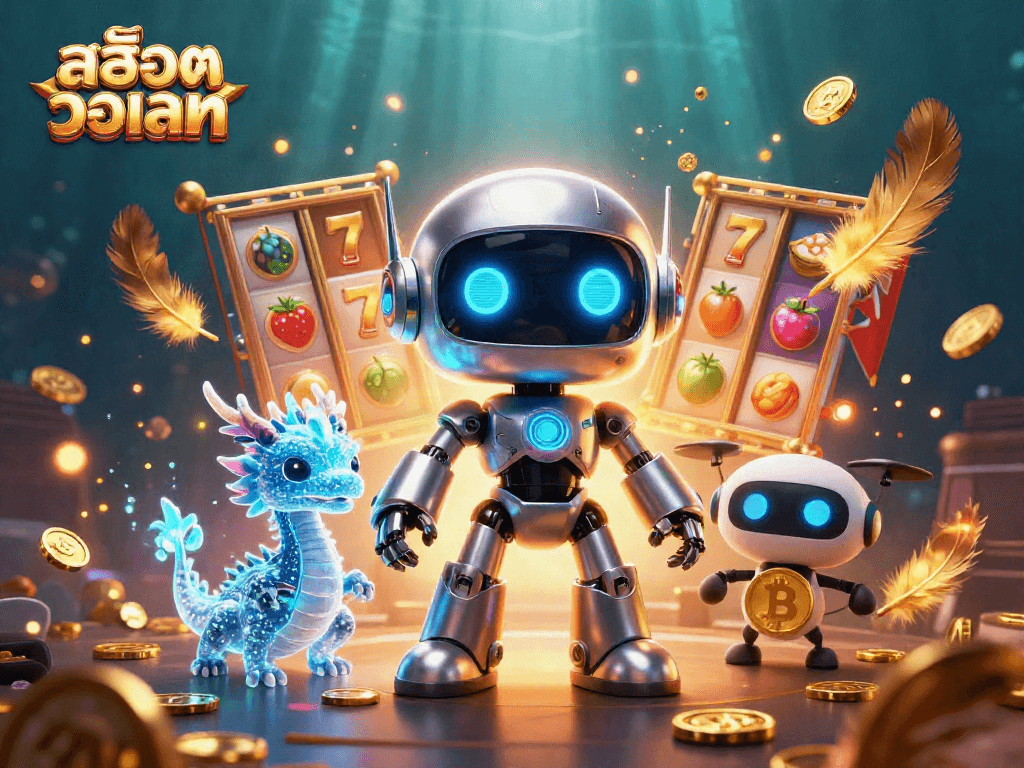 Play exciting slots with สล็อตวอเลท in this vibrant, animated 3D scene showcasing a cyberpunk theme.