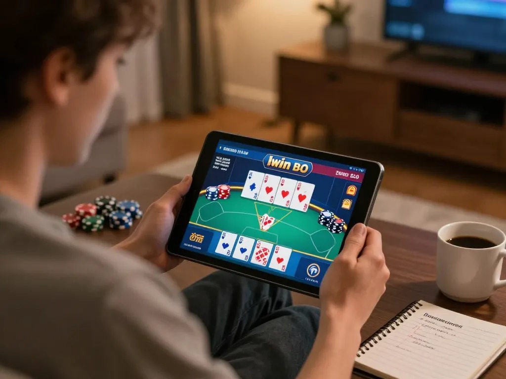 Engaging with Iwin bio poker game on tablet in cozy living room for strategic gameplay