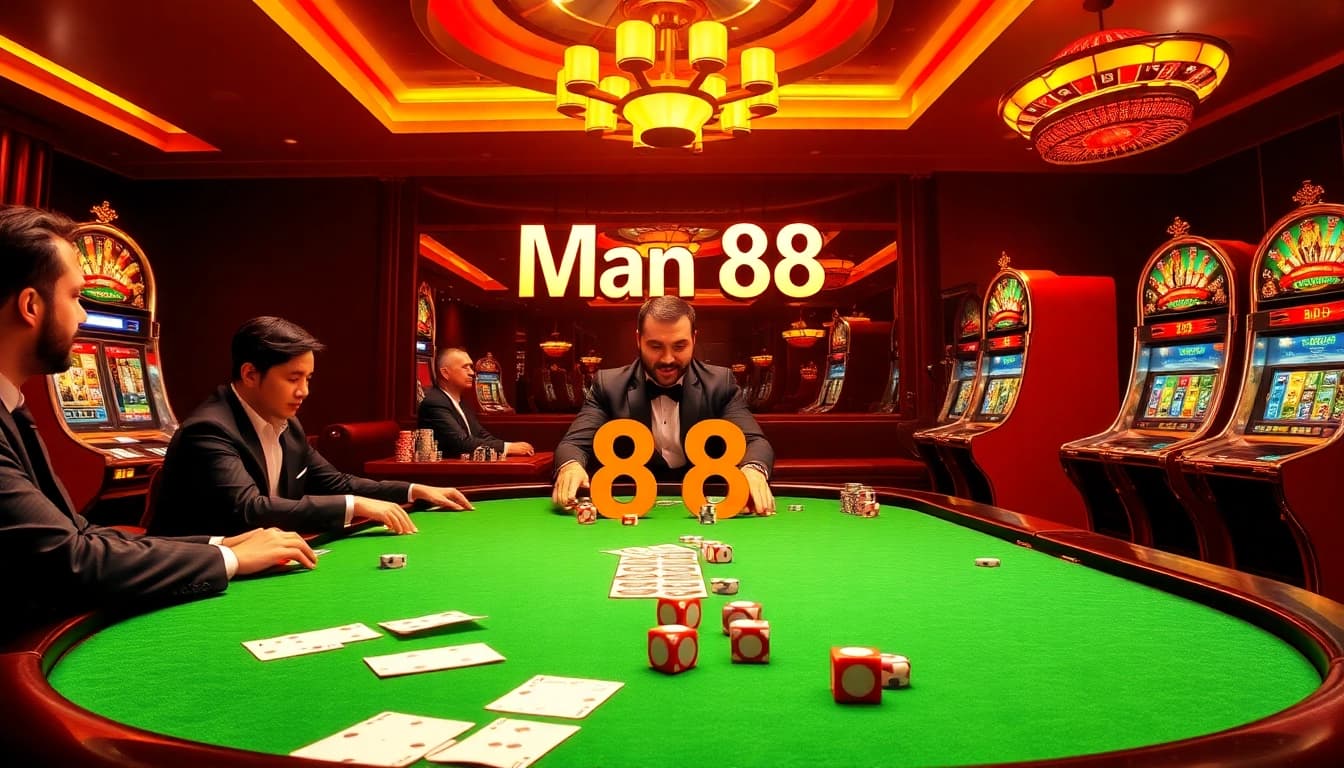 Experience high-stakes gaming with Man 88 at a luxury casino, featuring poker excitement and vibrant slots.