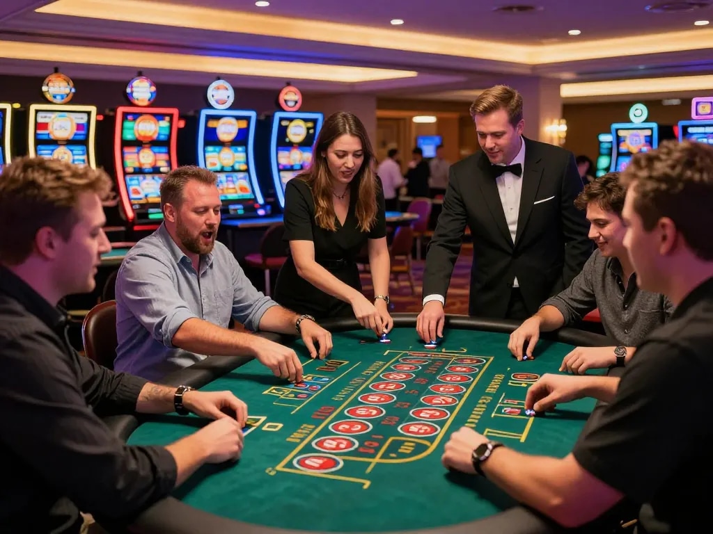 Exciting roulette gameplay at okfun casino with players placing bets and engaging with dealers.