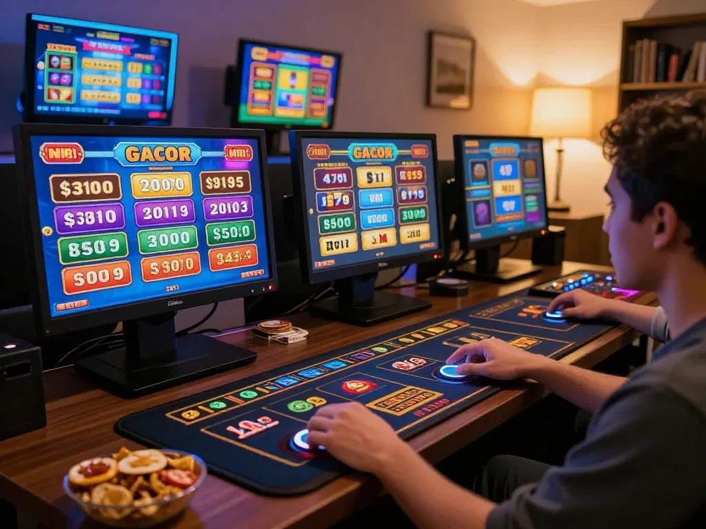 Engaging session of slot gacor online, showcasing vibrant screens and a player's exciting moment.
