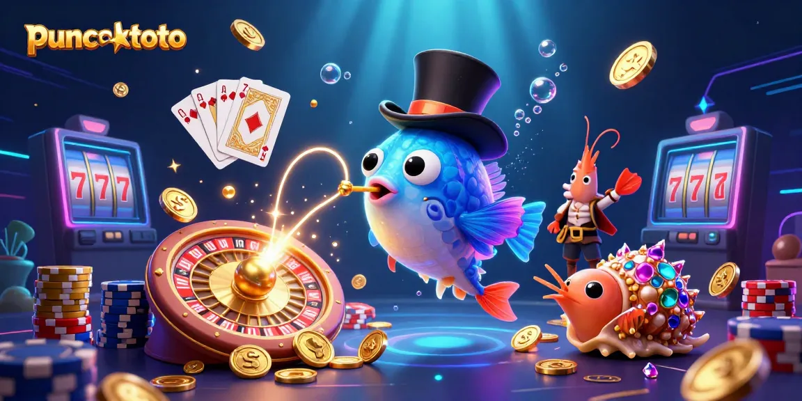 Puncaktoto menarik koin emas dengan karakter ikan pemancing bertopi dan udang bajak laut dalam ilustrasi 3D yang membawa suasana kasino.