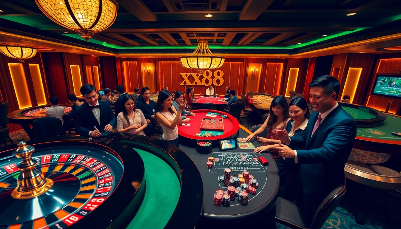 Exciting casino action at xx88 featuring roulette, poker, and enthusiastic players.