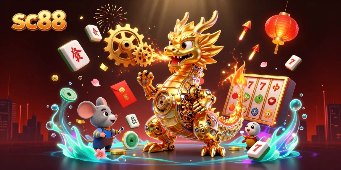 Experience the excitement of sc88 with a golden dragon and vibrant casino elements lighting up the scene.