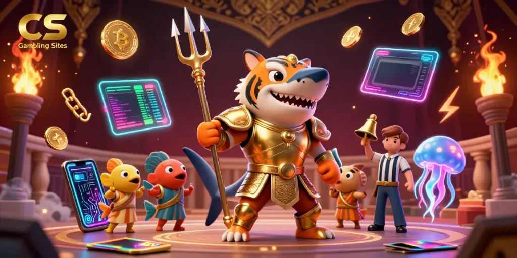 Experience the excitement of CS Gambling Sites with a dynamic underwater scene featuring a tiger shark and crypto elements, showcasing vibrant gaming energy.