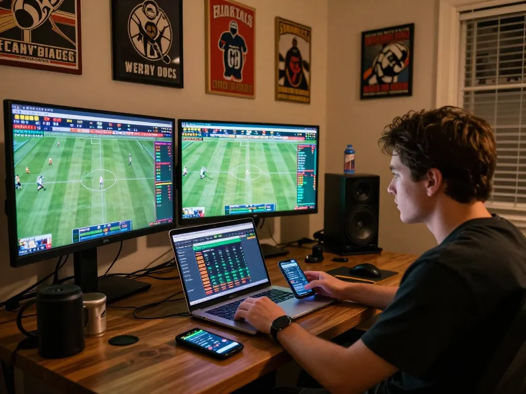 Engaging in a strategic sports betting session while reviewing kèo nhà cái on multiple screens