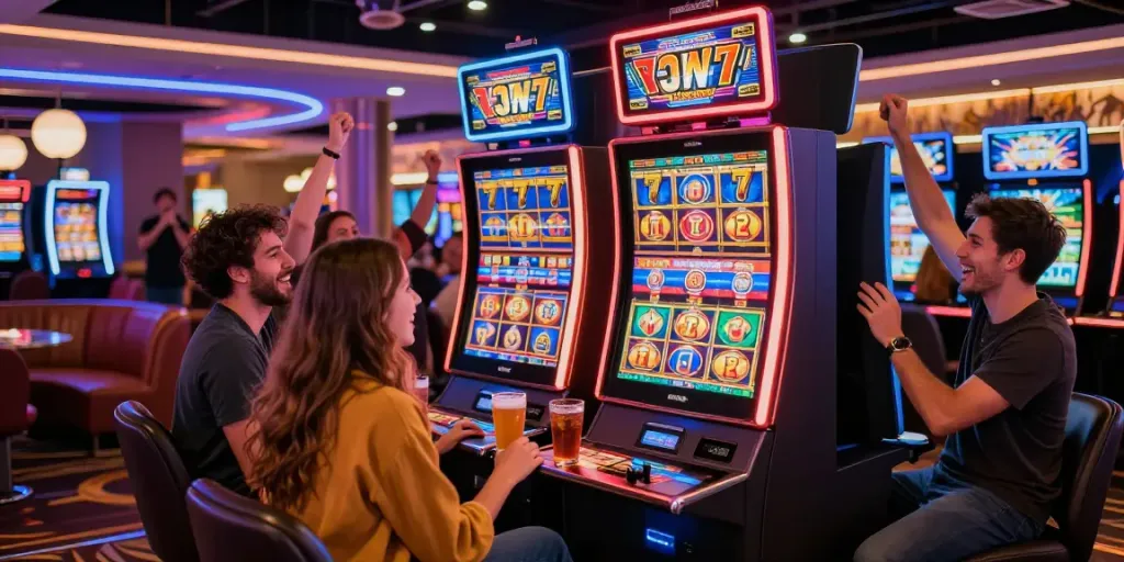 Excited friends celebrating around a Lucky777 slot machine in a vibrant casino setting.