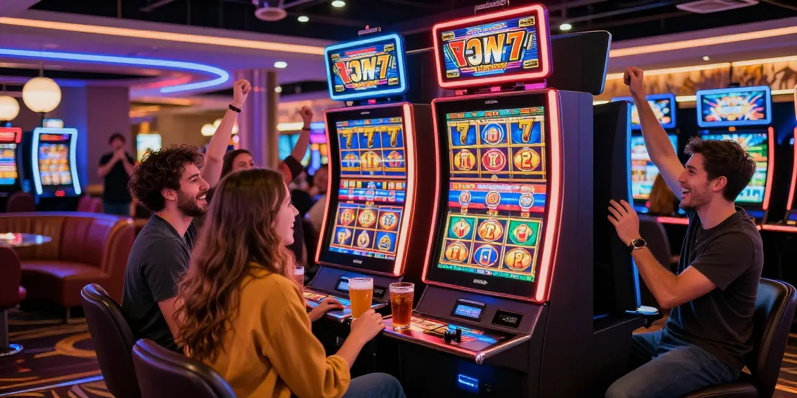 Excited friends celebrating around a Lucky777 slot machine in a vibrant casino setting.