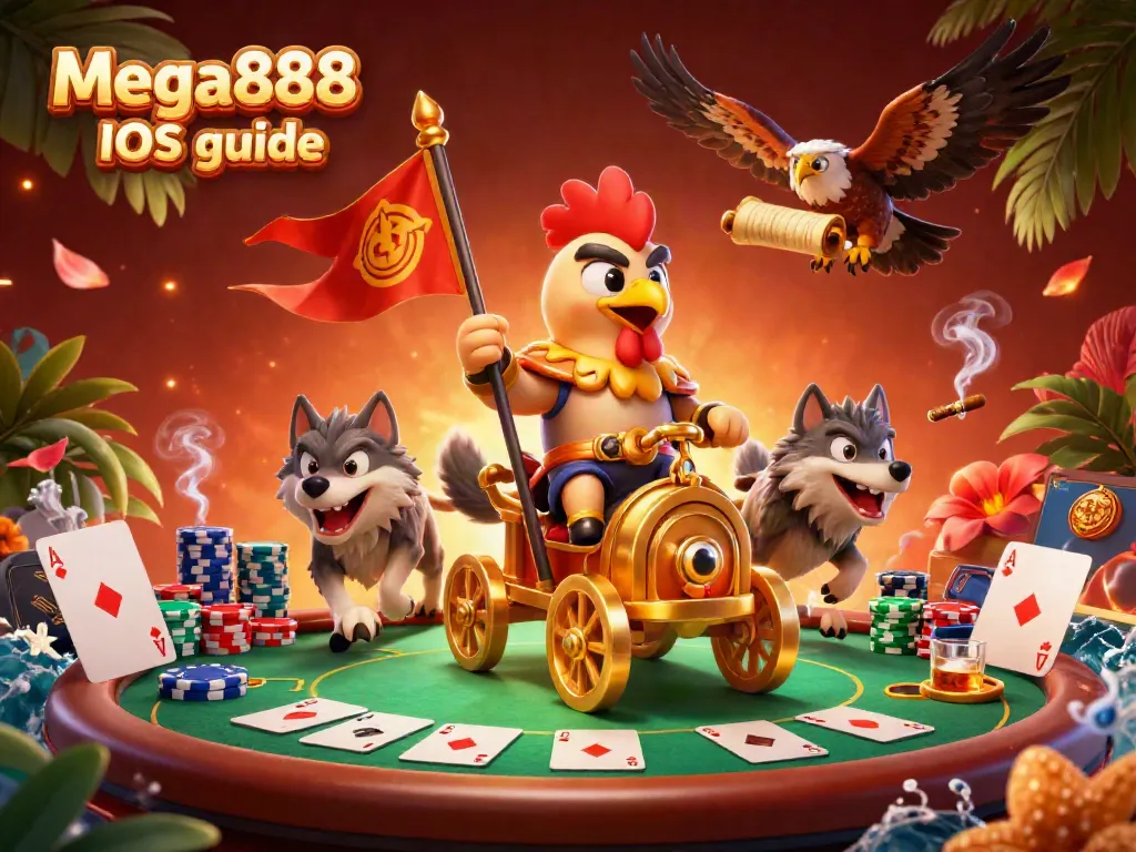 Experience seamless gaming with Mega888 iOS guide, featuring a dynamic casino illustration