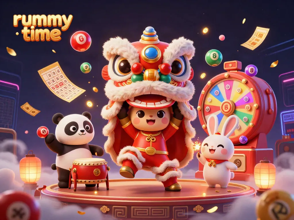 Engage with the vibrant rummy time scene featuring a lion dance and spinning game elements.
