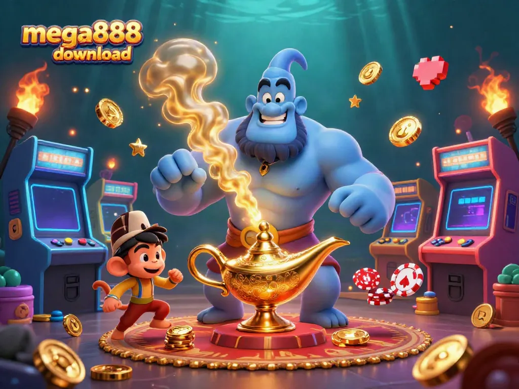 Experience the thrill with mega888 download casino games showcased in a lively 3D cartoon scene.