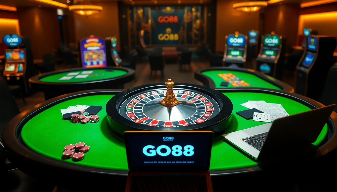 Experience the excitement of online gaming at GO88 with casino tables and vibrant poker chips.