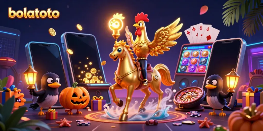Experience the excitement of bolatoto with a golden rooster in a vibrant midnight casino scene.