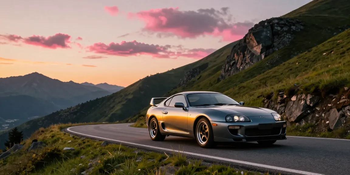 Stunning Toyota A80 platform during golden hour on a mountain road, showcasing its sleek design against dramatic sunset.