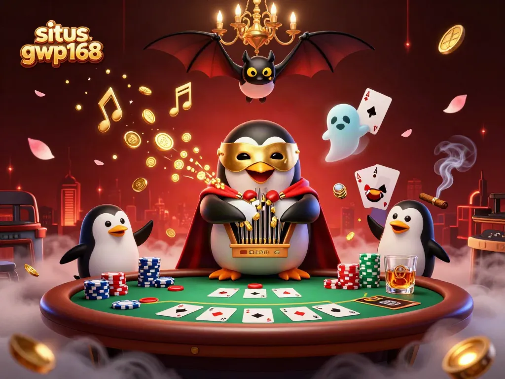 Gambar ilustrasi kasino 3D situs gwp168 dengan penguin orkestra dan elemen permainan poker.