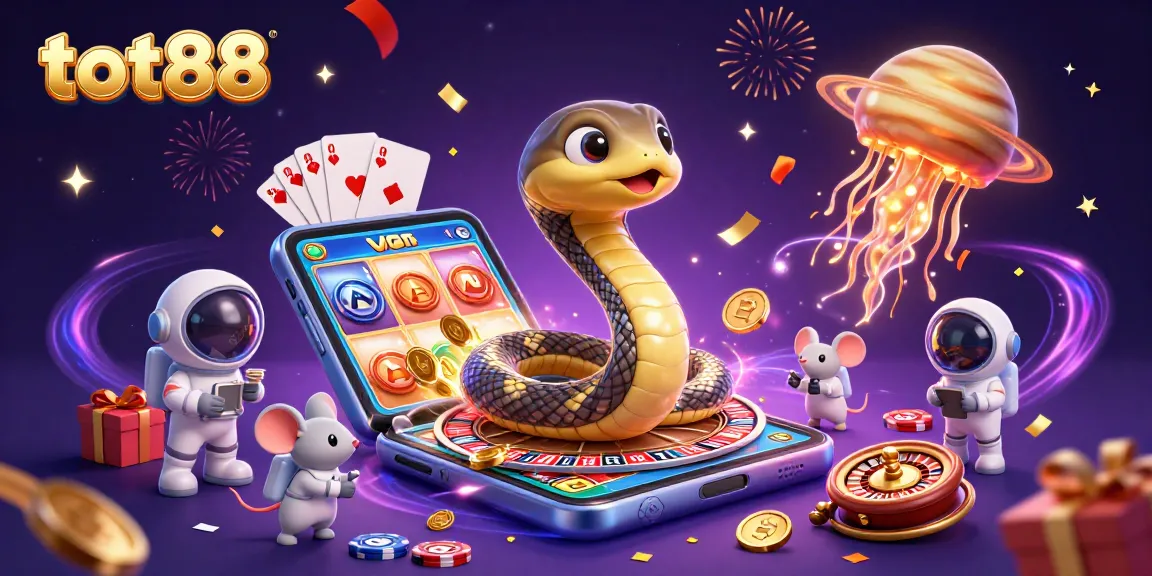 Experience the thrill of betting at tot88 with a cosmic casino scene featuring a Saturn snake and astronaut mice.