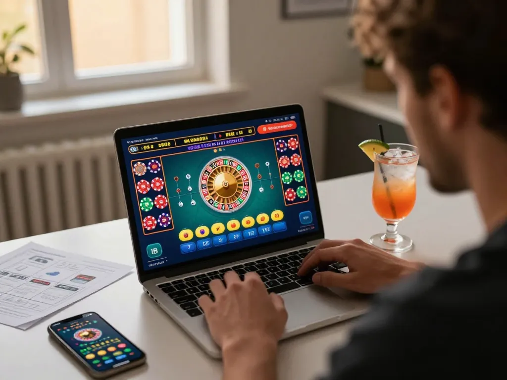 Energileisureparks player enjoying online roulette game at home, surrounded by strategy notes and drinks