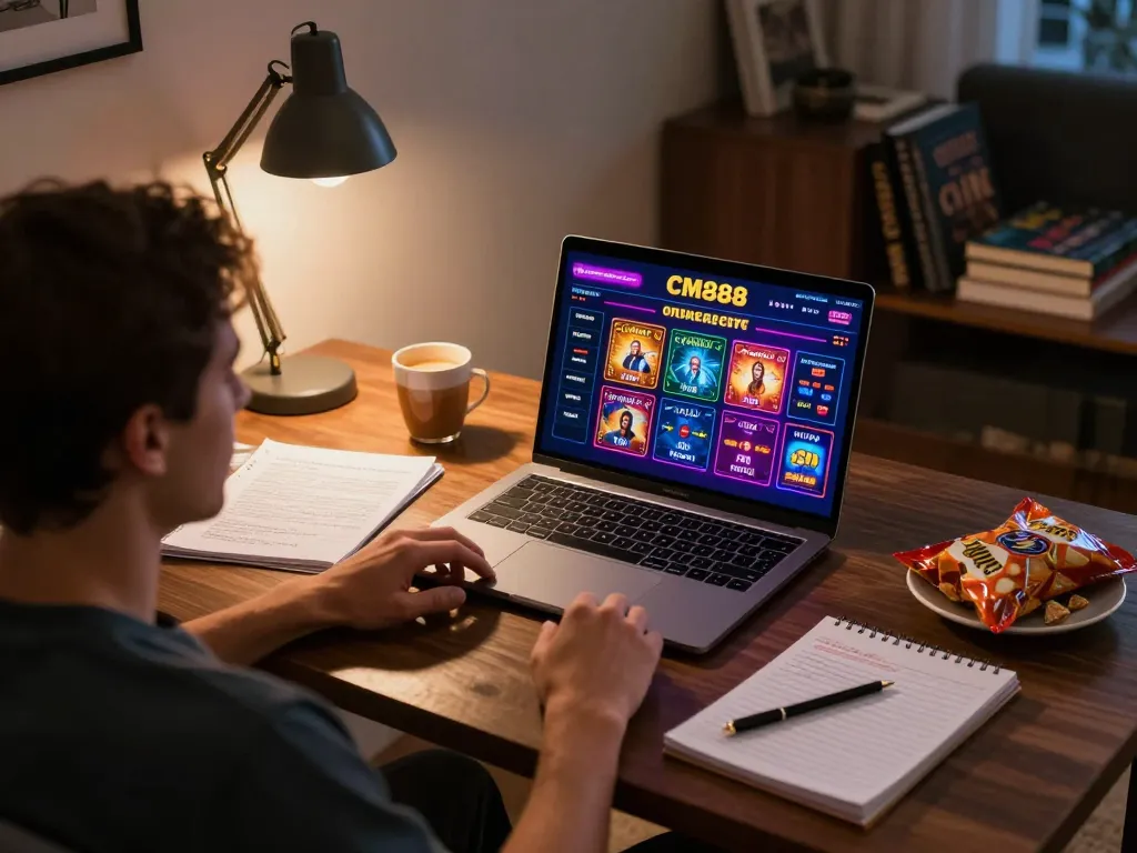 Engaging online gaming session at CM888 with player analyzing strategies and betting options