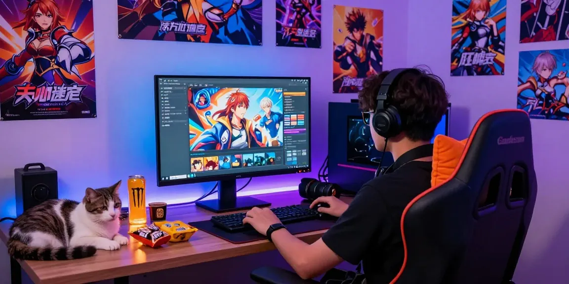 Player immersed in Adult Visual Novel Games, colorful posters and snacks creating a cozy gaming atmosphere.