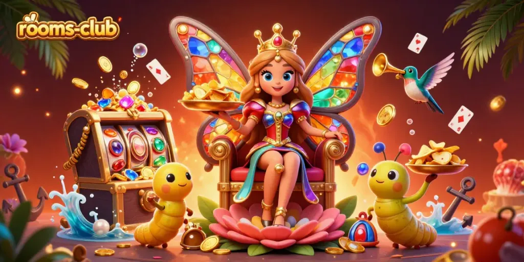 ilustrasi 3D menarik di dalam tema rooms-club dengan karakter kasino dan elemen permainan yang kaya
