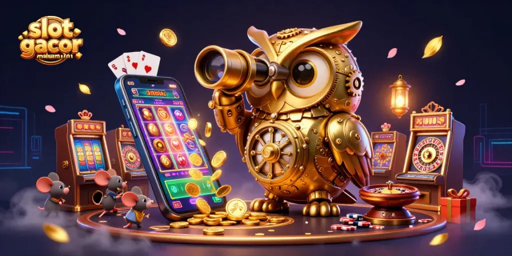 Menangkan slot gacor malam ini dengan simbol keberuntungan dan kemenangan besar dalam ilustrasi kasino yang kaya.