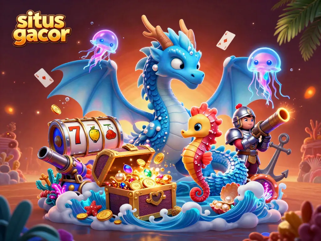 Menyajikan situs gacor, ilustrasi 3D dengan naga air biru, ksatria kuda laut, dan harta karun bercahaya.