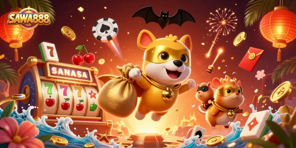 SAWA888 superhero dog and hamster lead a vibrant casino adventure filled with luck and excitement.