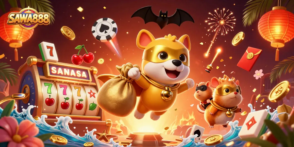 SAWA888 superhero dog and hamster lead a vibrant casino adventure filled with luck and excitement.
