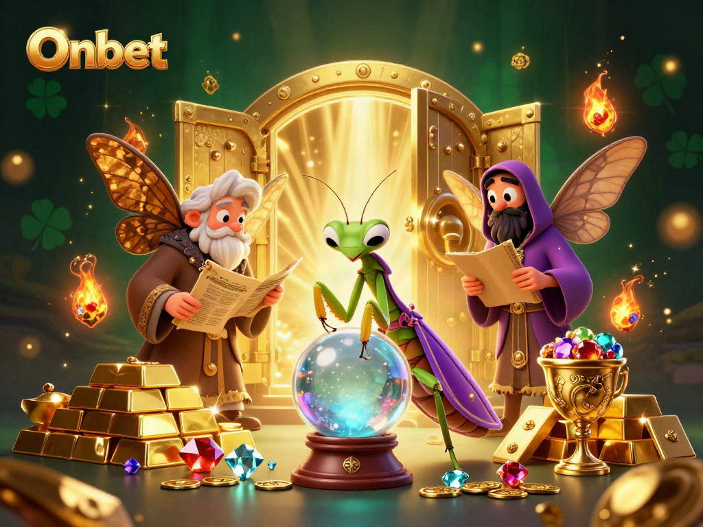 Engage with Onbet's colorful 3D scene showcasing a quirky praying mantis fortune teller and wise moth librarian amid treasures and lights.