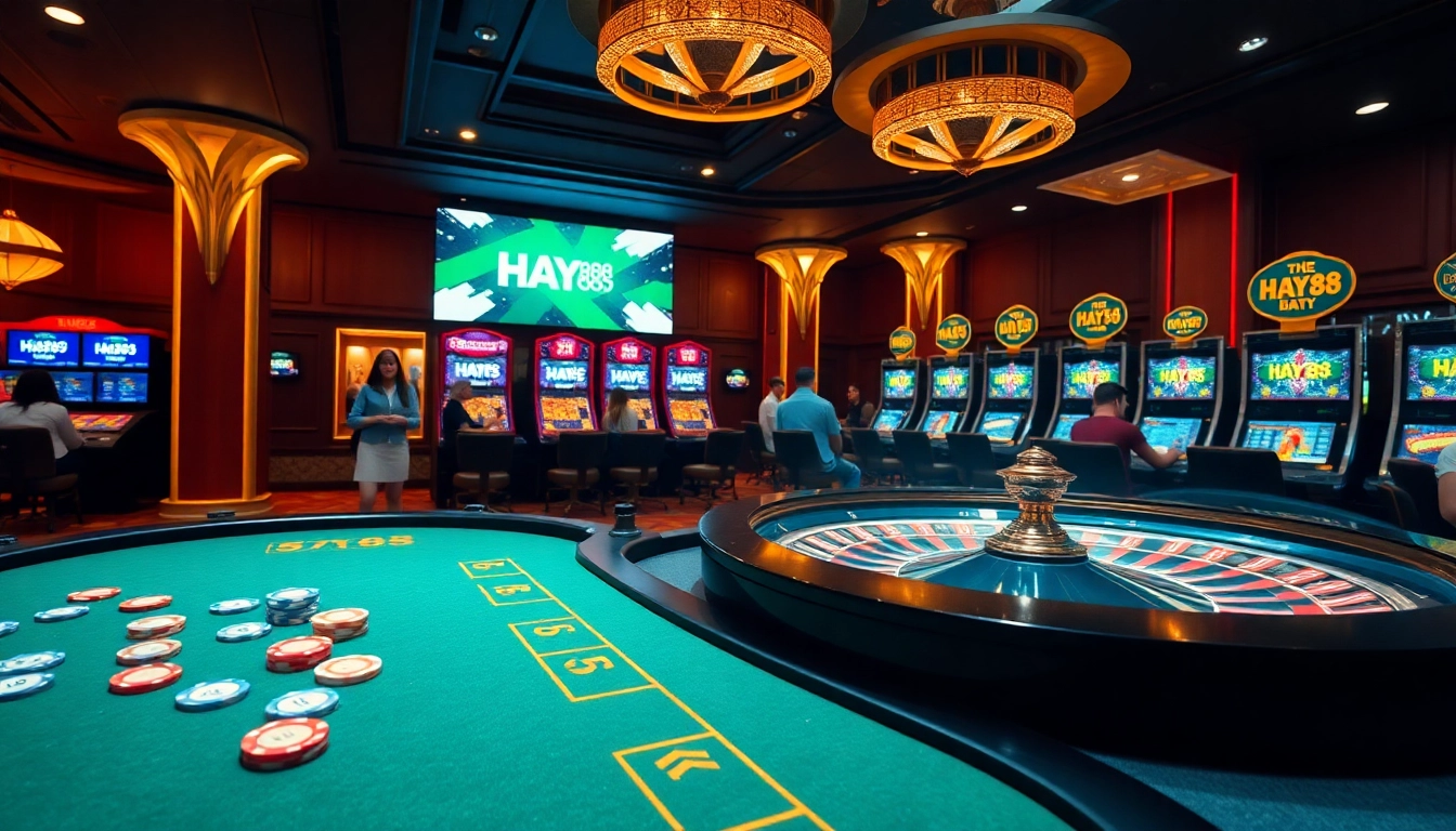 Experience exhilarating gameplay at HAY88's luxurious online casino, showcasing vibrant slots and poker tables.