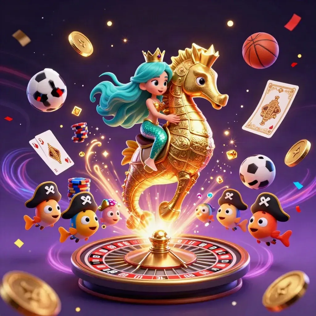 Mermaid princess on a gold seahorse amid roulette, chips, coins, and purple-gold magic storm