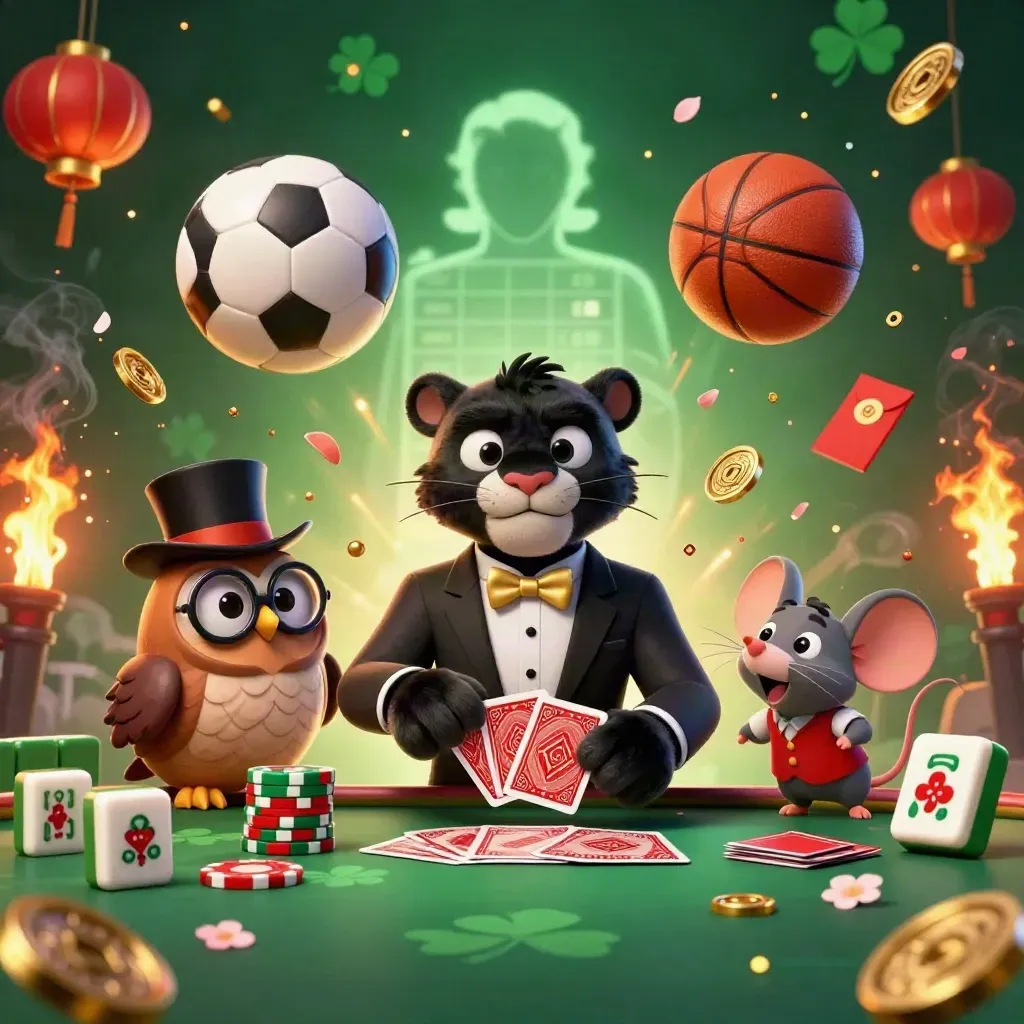 Panther, owl, and mouse amid flying sports balls, chips, coins, and casino lanterns