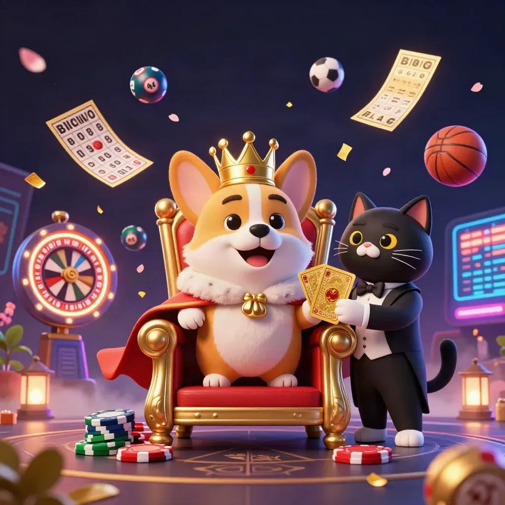 Low-angle corgi king and cat butler amid flying casino and sports game pieces