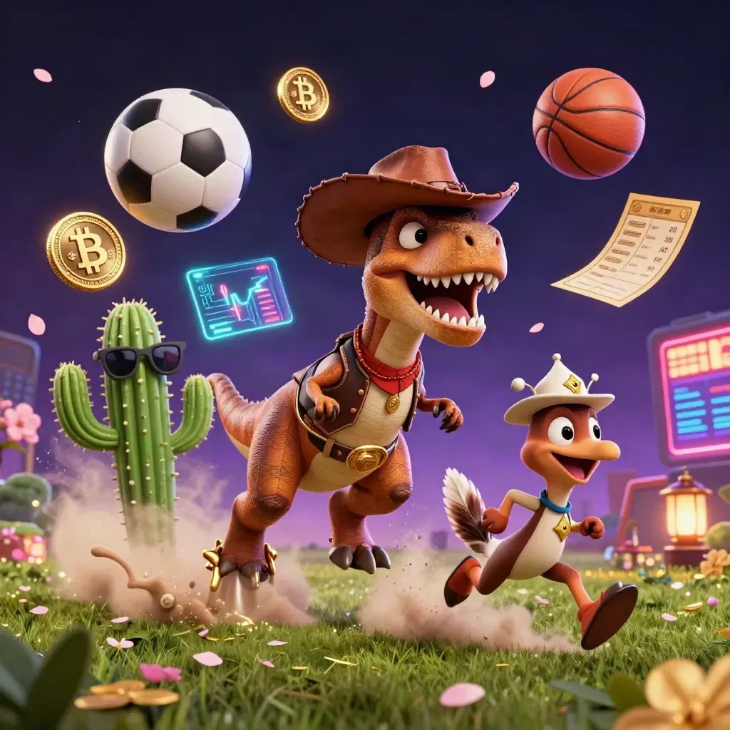 Cowboy T-Rex, cactus, and roadrunner blast through coins, balls, and neon casino effects.