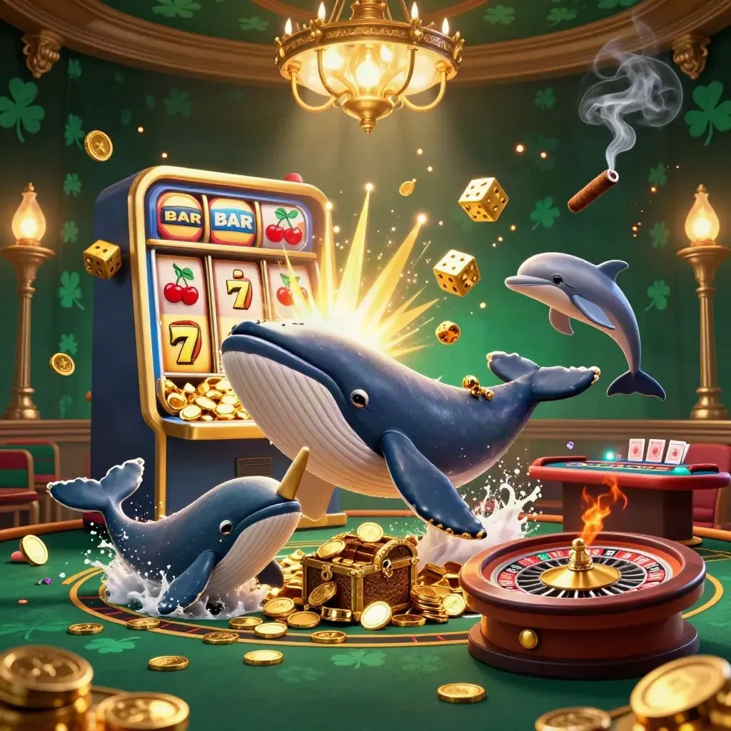 Whale, narwhal, and dolphins in a luxe casino room amid slot bursts, coins, smoke, and gold.