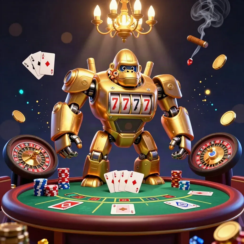 Golden gorilla mech with tiny monkey pilot, roulette wheel, chips, cards, and casino glow.