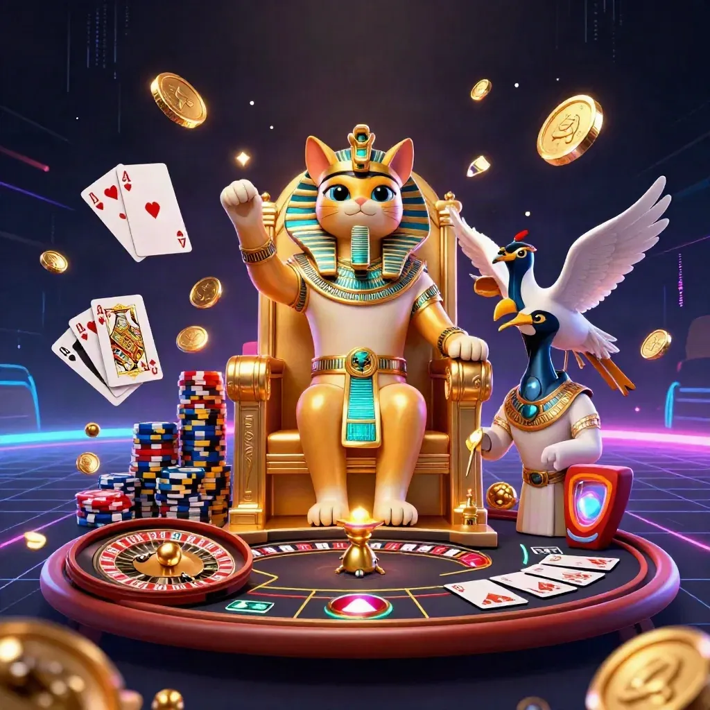 Pharaoh cat, ibis scribe, and gem-winged scarabs amid roulette gold in a luxe neon casino room.