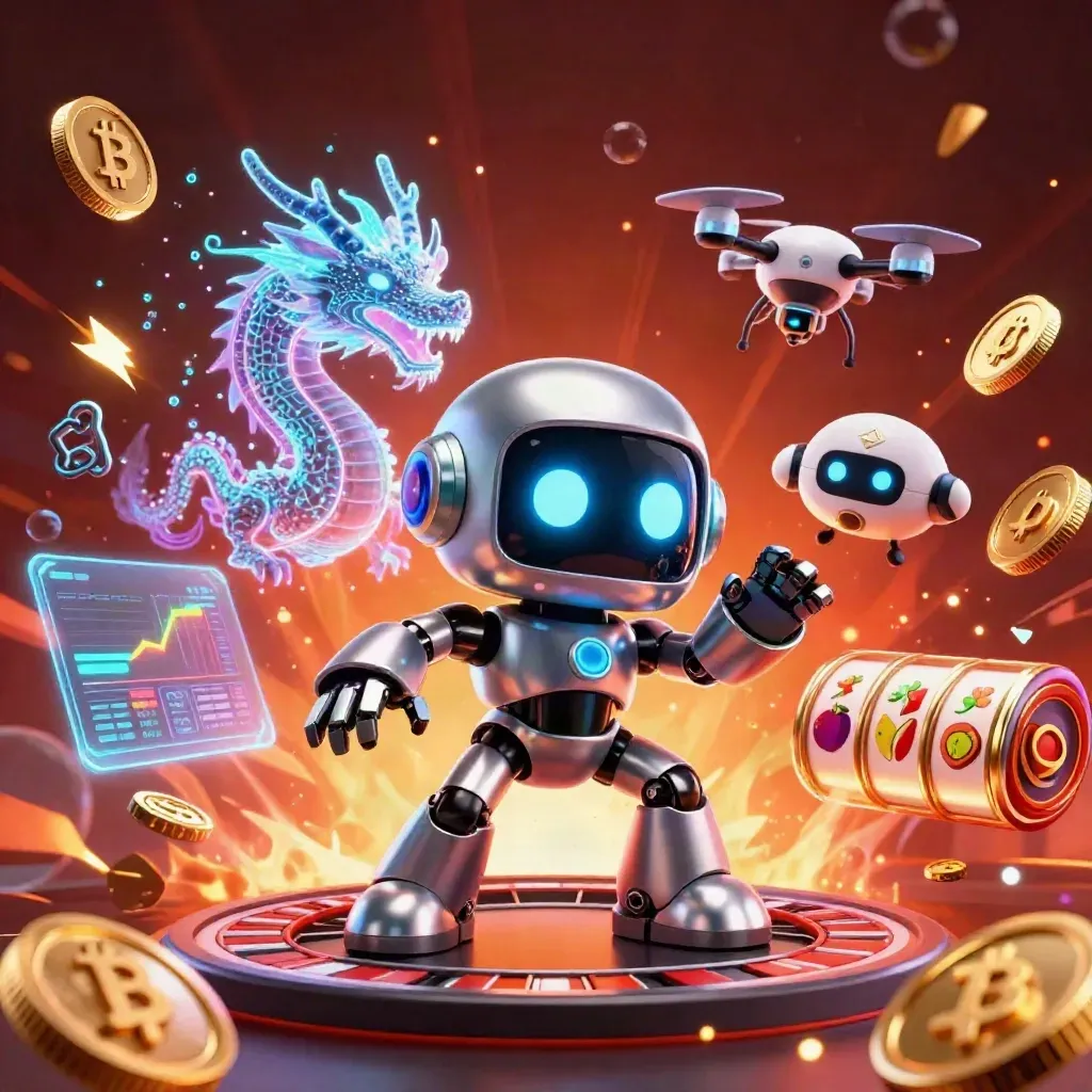 Chrome robot, holographic dragon, and coin drone amid jackpot coins and neon casino effects.