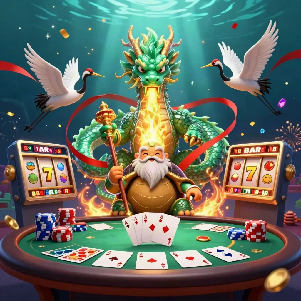 Emerald dragon, turtle sage, and cranes amid poker chips, fire, and underwater casino glow.
