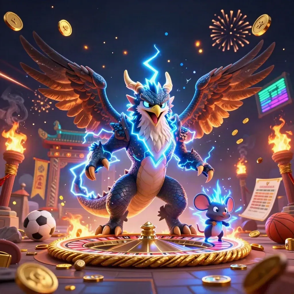 Thunder dragon, wind hawk and static mouse burst amid gold coins, fireworks and casino relics.