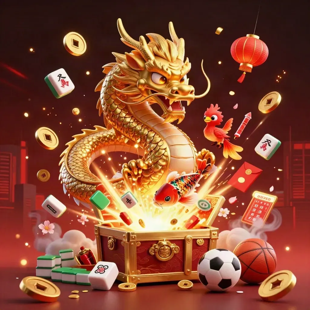 Golden dragon, phoenix, koi, and casino jackpots bursting in a dramatic red-black scene.