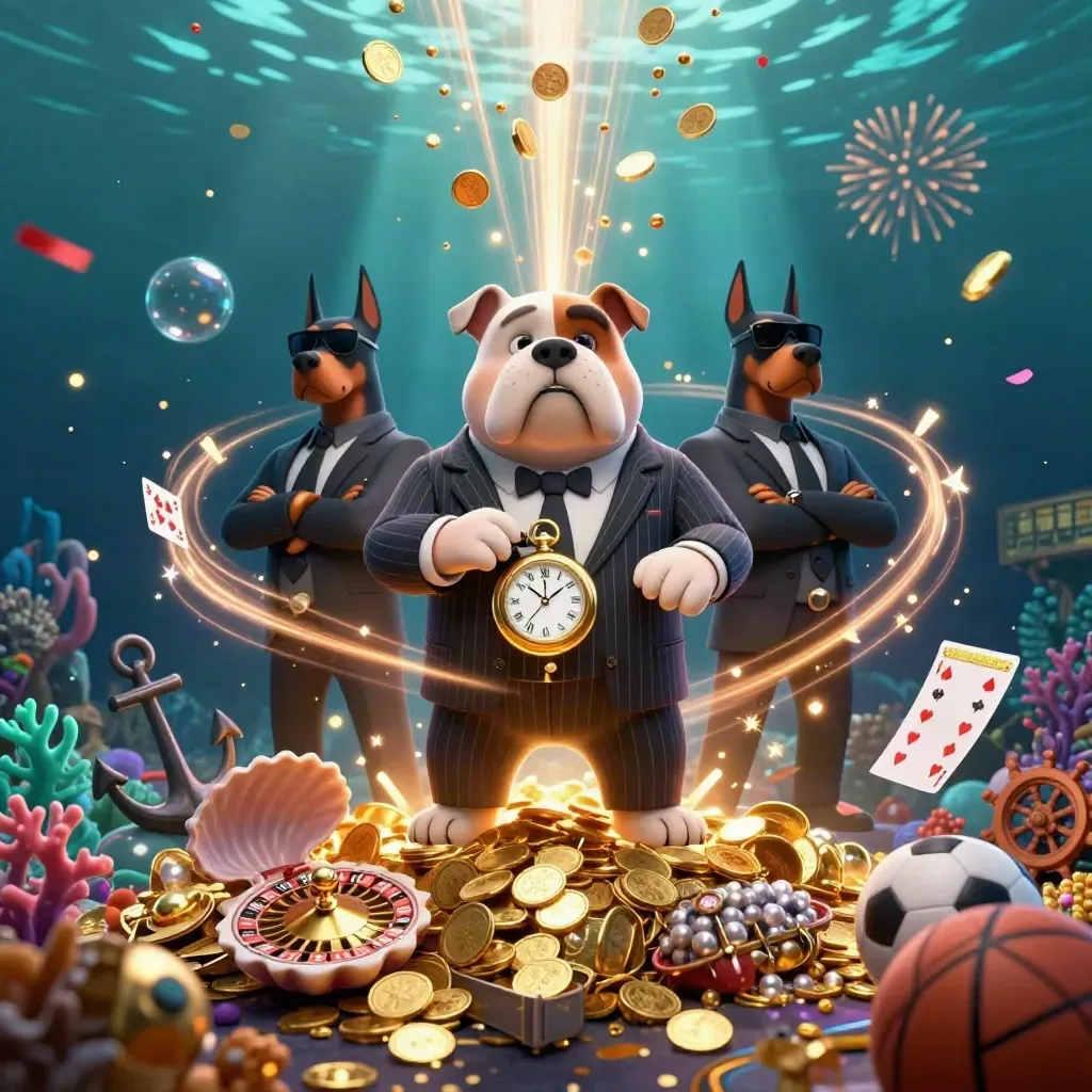 Bulldog boss and two dobermans amid gold coins, coral, cards, and fireworks underwater.
