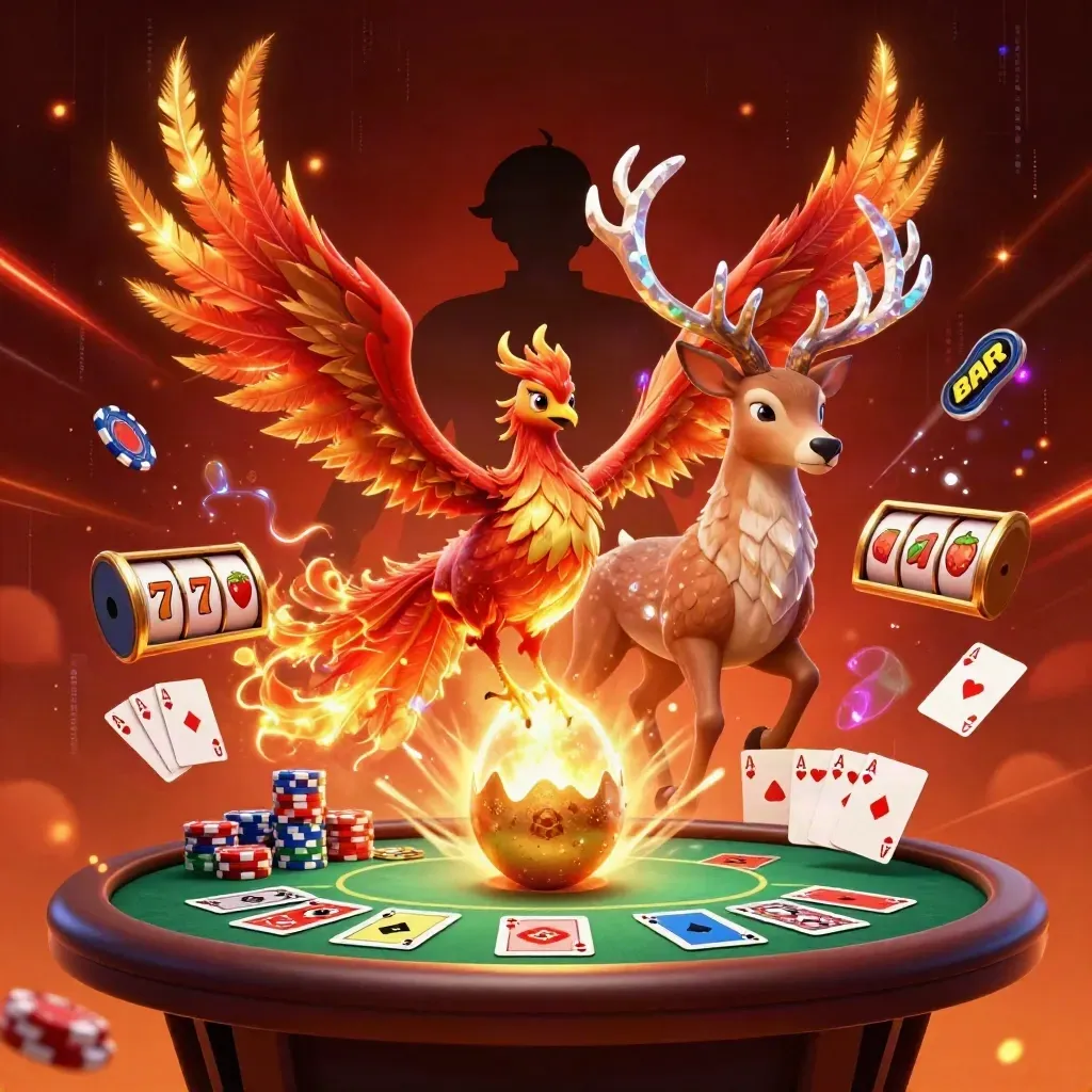 Phoenix, baby phoenix, and crystal-antler stag burst over roulette chips and cards in red-gold casino light.