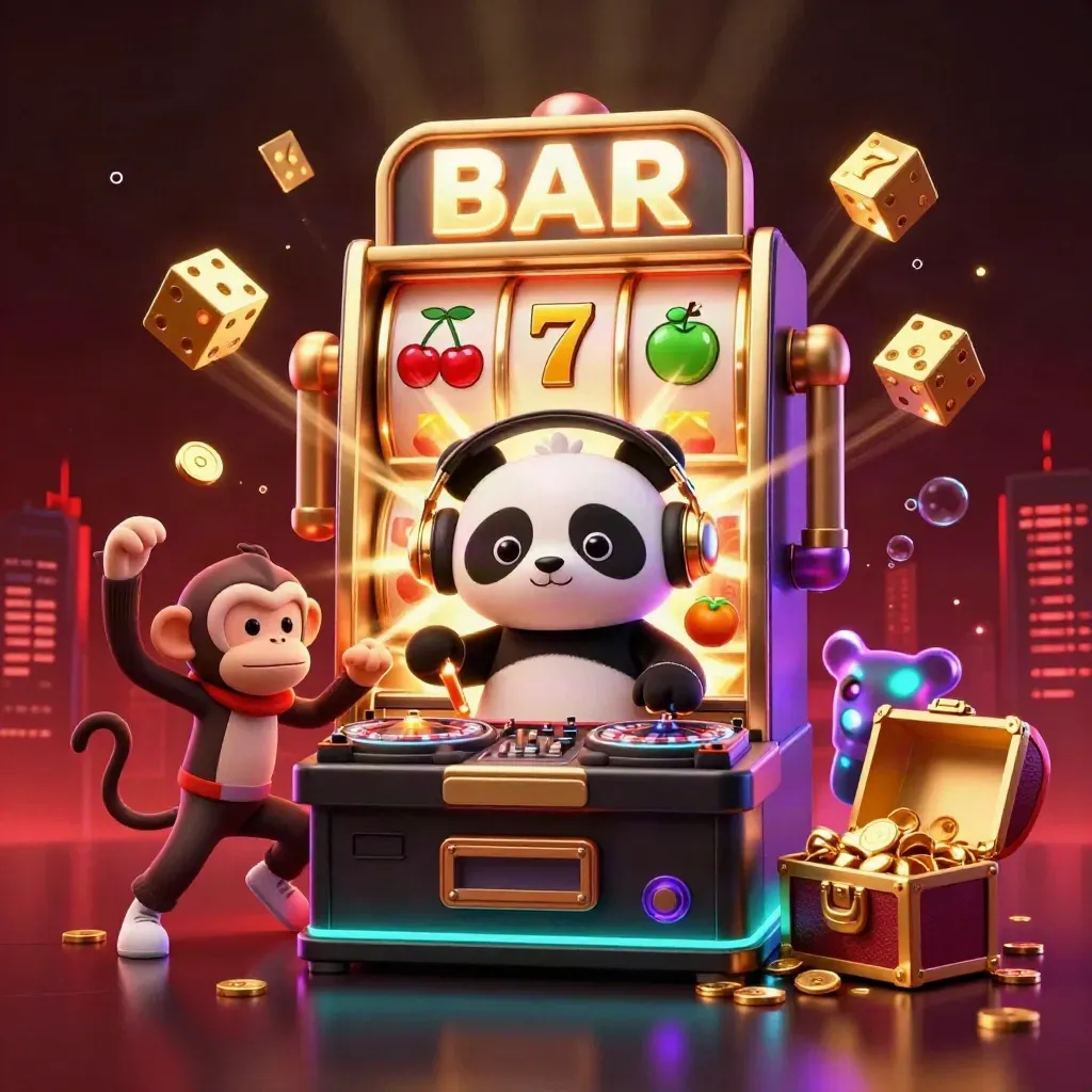 DJ panda, breakdancing monkey, and glow-stick kitten around a bursting jackpot slot machine.