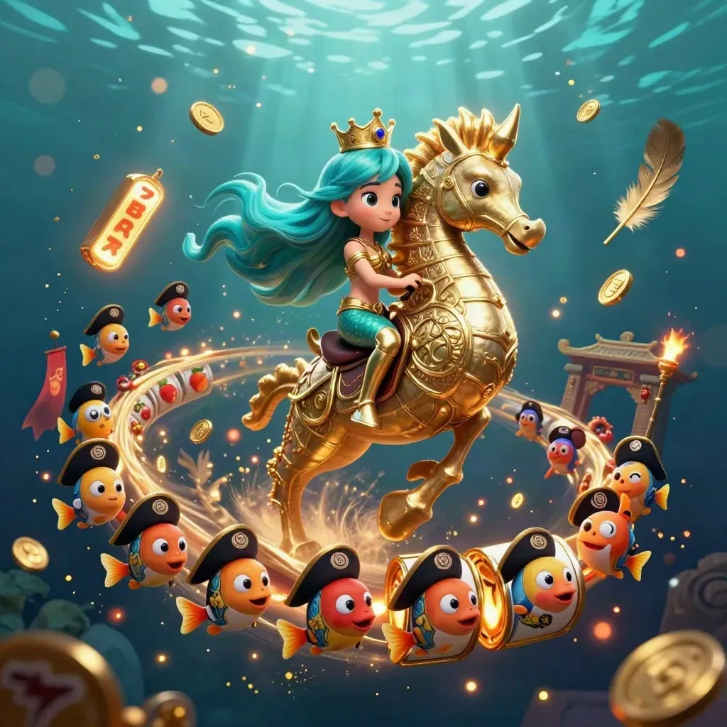 Mermaid princess on a gold seahorse amid pirate fish, casino reels, coins, and temple gate.