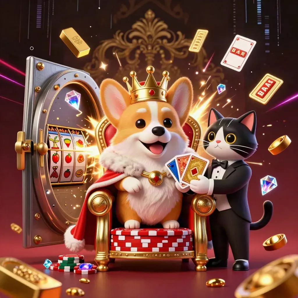 Royal corgi and cat butler amid a vault blast, chips, gold, gems, and neon casino effects.