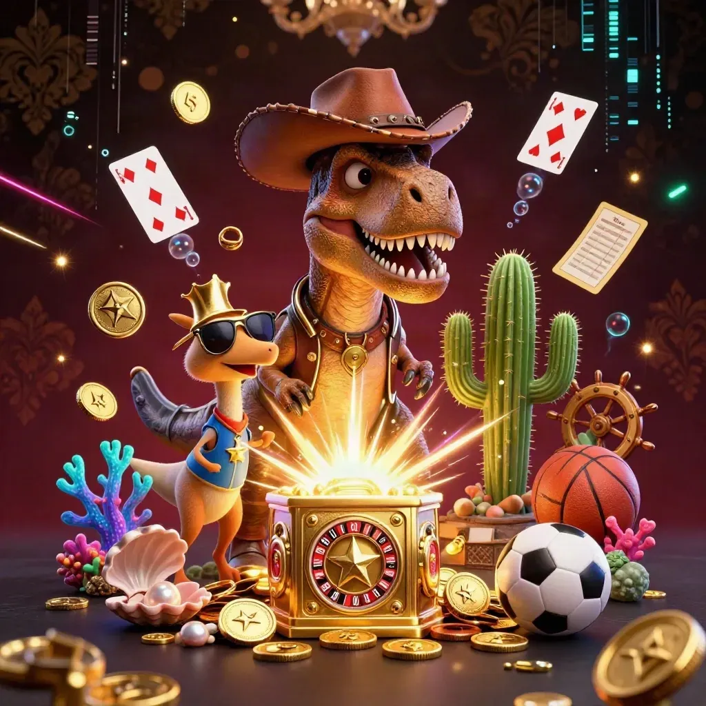 Cowboy T-Rex, cactus sidekick, and sheriff roadrunner amid gold coins, coral, and neon casino sparks.