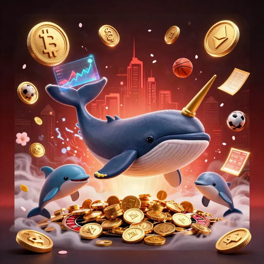 Whale, narwhal and dolphins burst from gold coins with crypto, lightning and casino props.