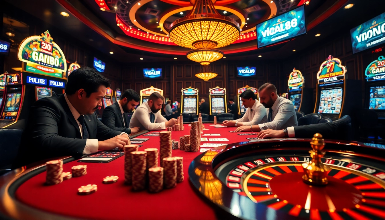Experiencing high-stakes poker at viral88 casino with vibrant slot machines and professional ambiance.